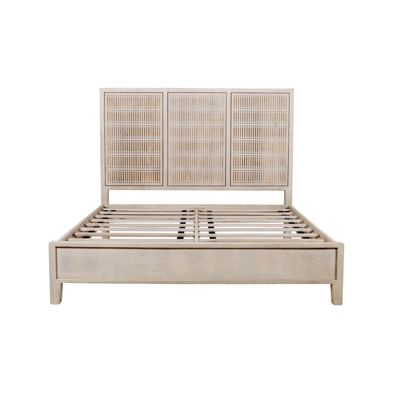 Pemberly Row Eastern King Solid Mango Wood Bed in Brushed Ivory Finish