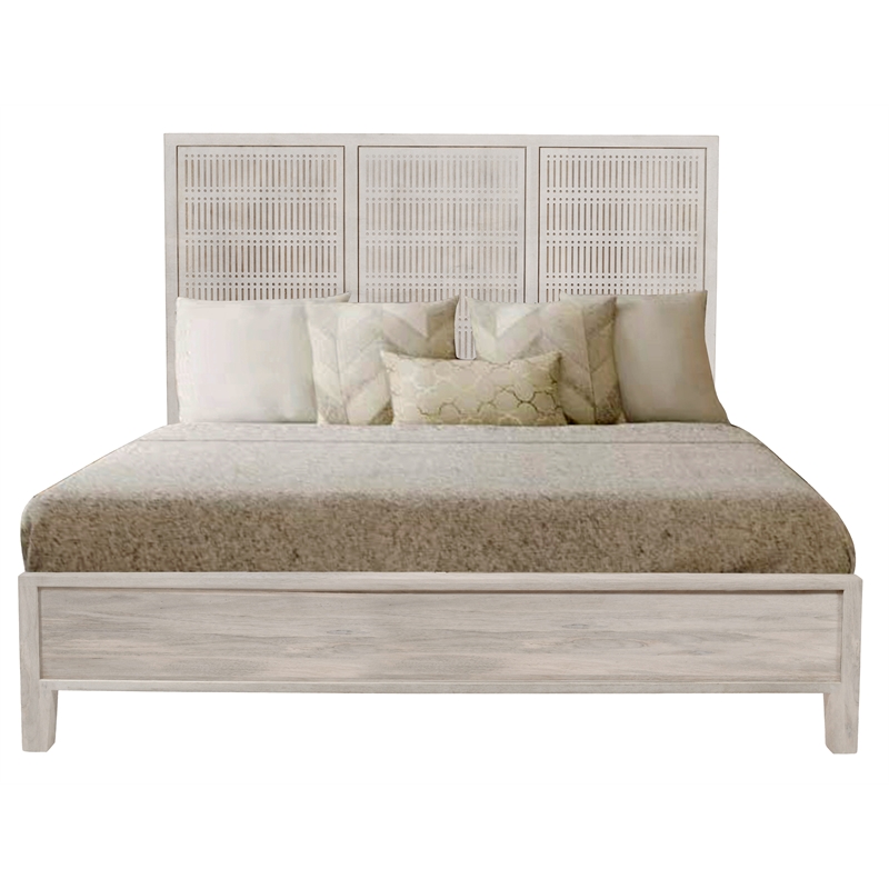 Pemberly Row Queen Mango Solid Wood Bed in Brushed Ivory Finish