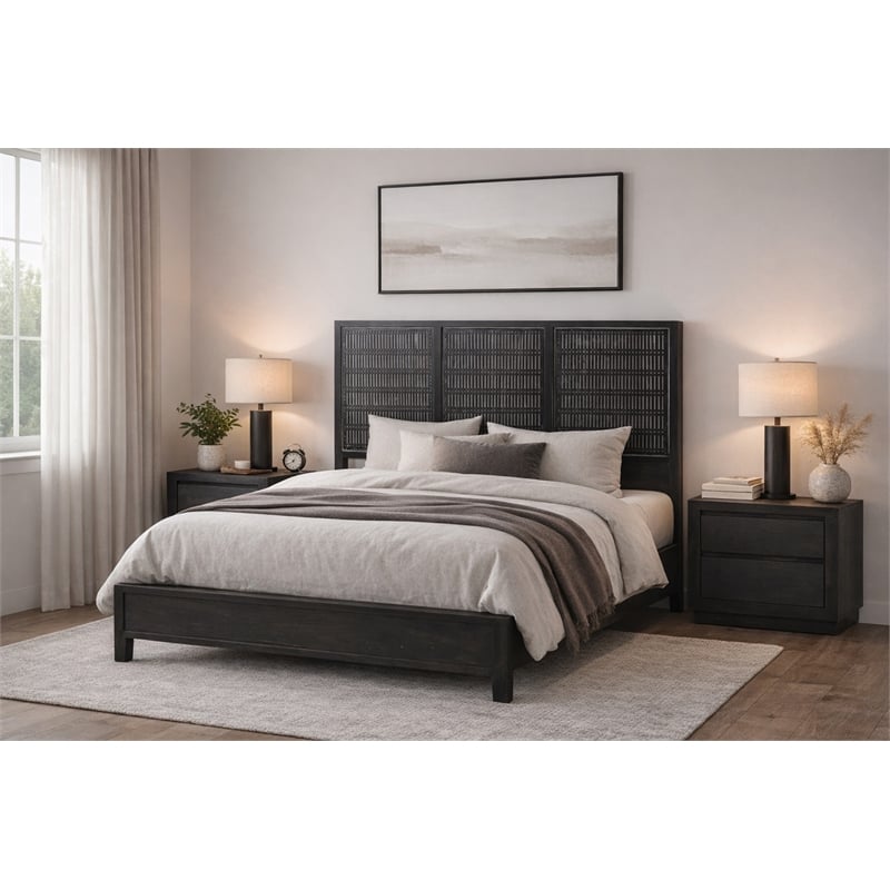 Pemberly Row Queen Mango Solid Wood Bed in Antique Brown Finish