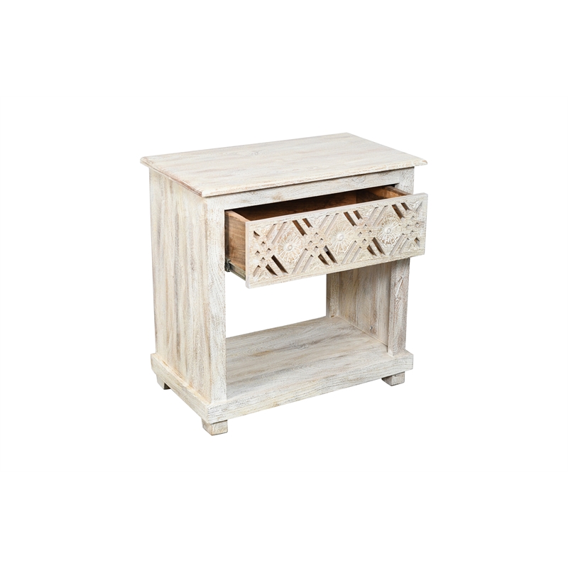 Pemberly Row 1-Drawer Solid Mango Wood Nightstand in Distressed White