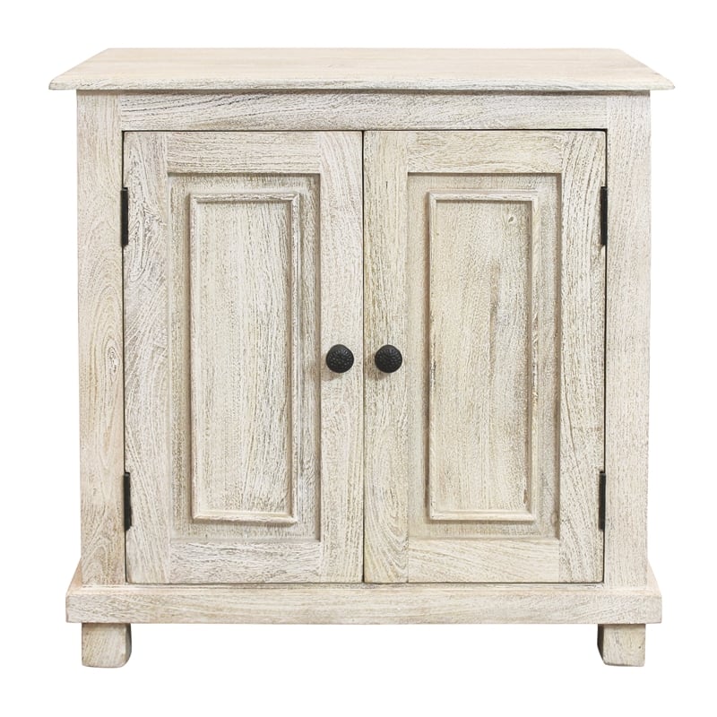 Pemberly Row Solid Mango Wood Nightstand with Drawer in Distressed White