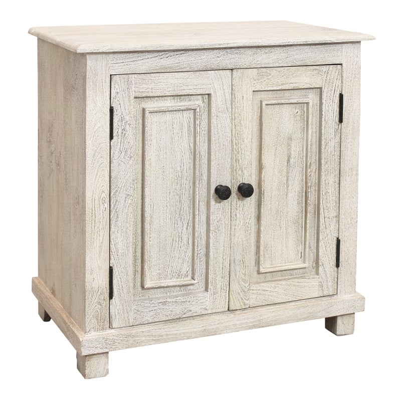 Pemberly Row Solid Mango Wood Nightstand with Drawer in Distressed White