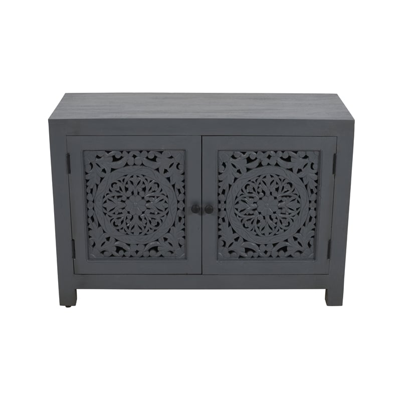 Pemberly Row 2-Door Solid Mango Wood Accent Cabinet with Carved Doors in Gray