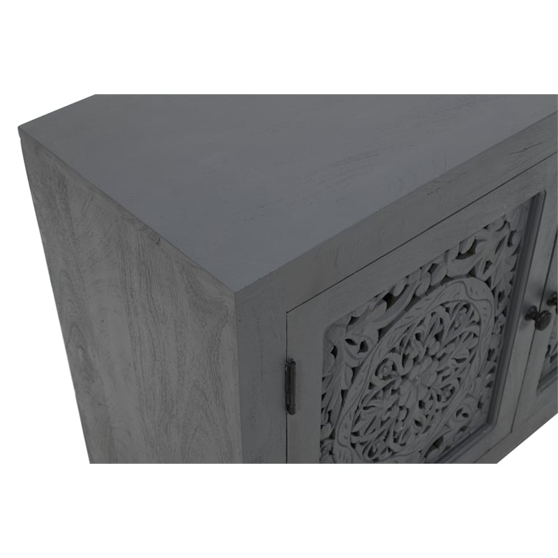 Pemberly Row 2-Door Solid Mango Wood Accent Cabinet with Carved Doors in Gray