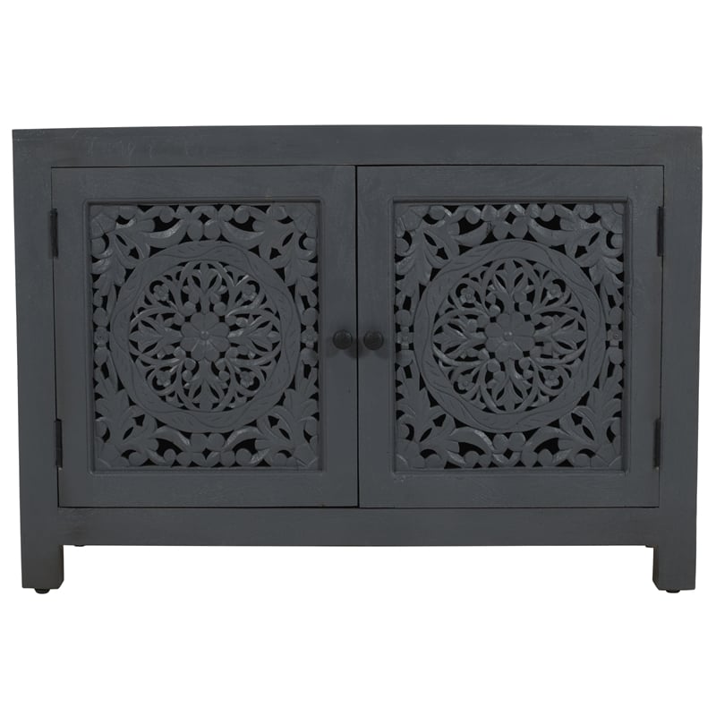 Pemberly Row 2-Door Solid Mango Wood Accent Cabinet with Carved Doors in Gray