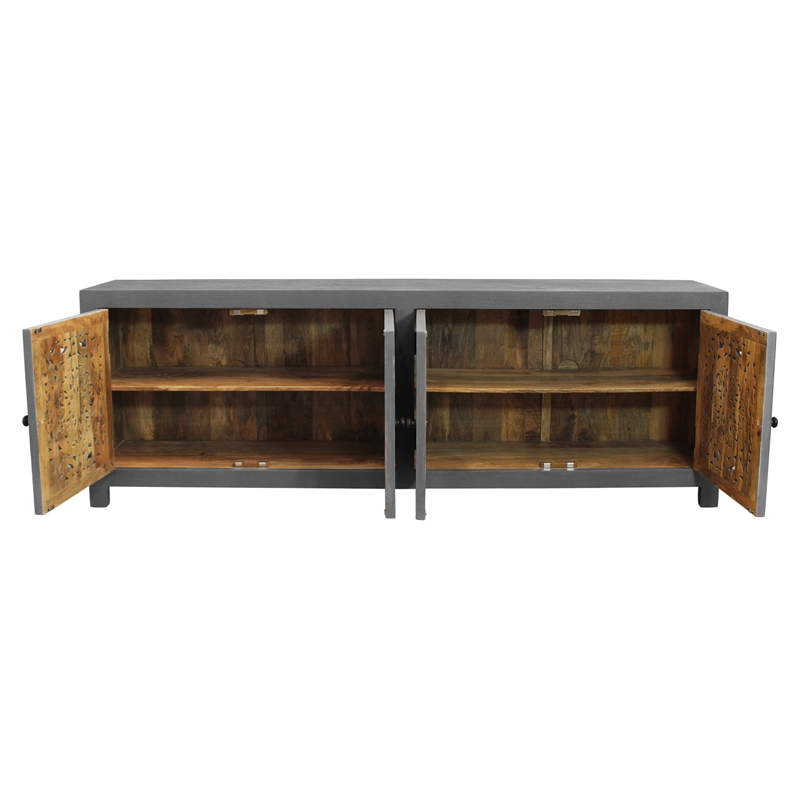 Pemberly Row Solid Mango Wood 4-Door Media Cabinet in Gray Finish