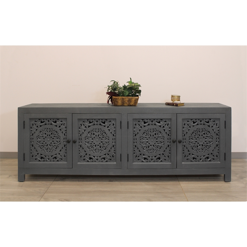 Pemberly Row Solid Mango Wood 4-Door Media Cabinet in Gray Finish