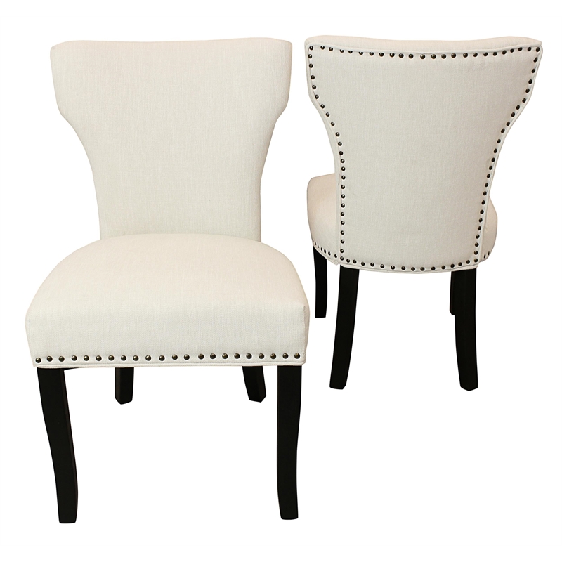 Pemberly Row Linen Fabric Side Chair in Ivory with Antique Brown (Set of 2)