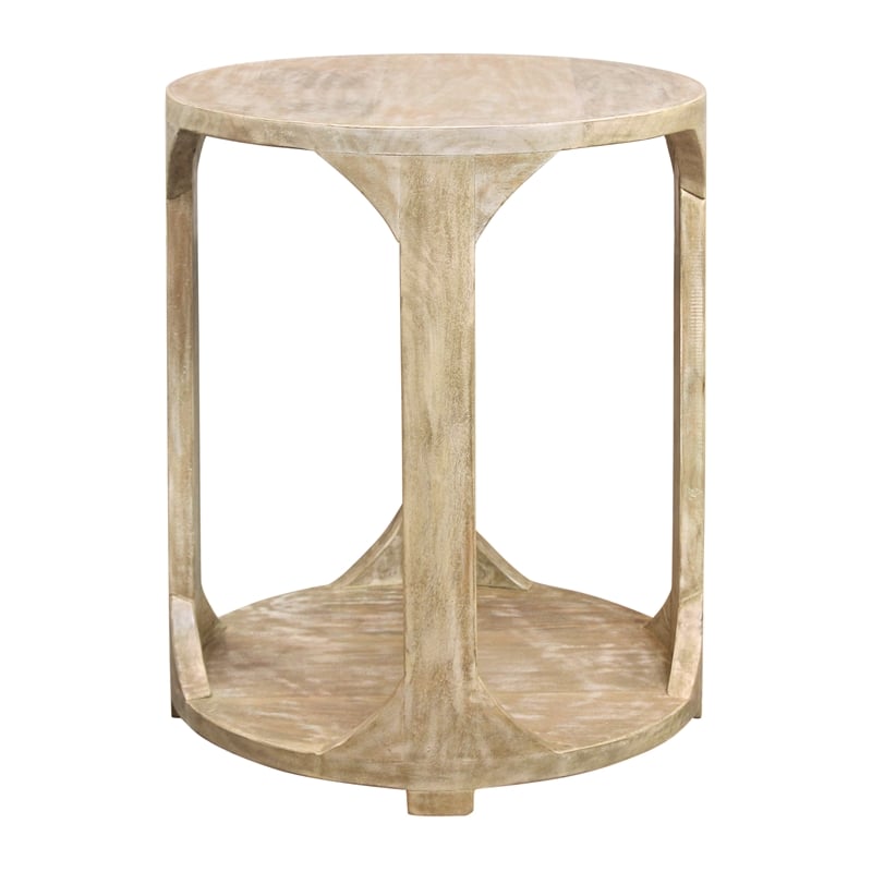 Pemberly Row Round Solid Mango Wood End Table with Shelf in Coastal Natural
