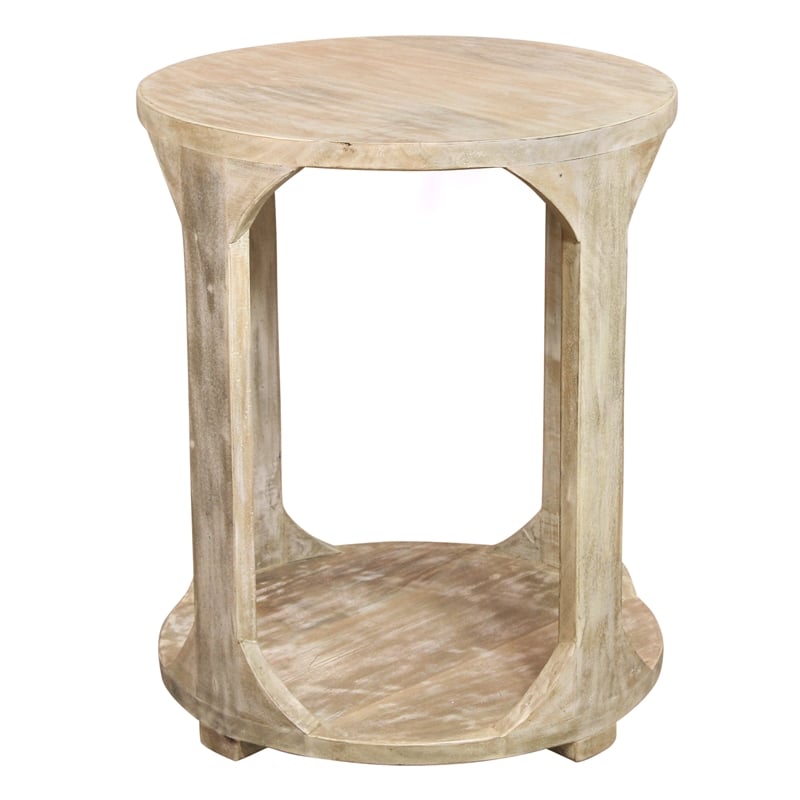 Pemberly Row Round Solid Mango Wood End Table with Shelf in Coastal Natural