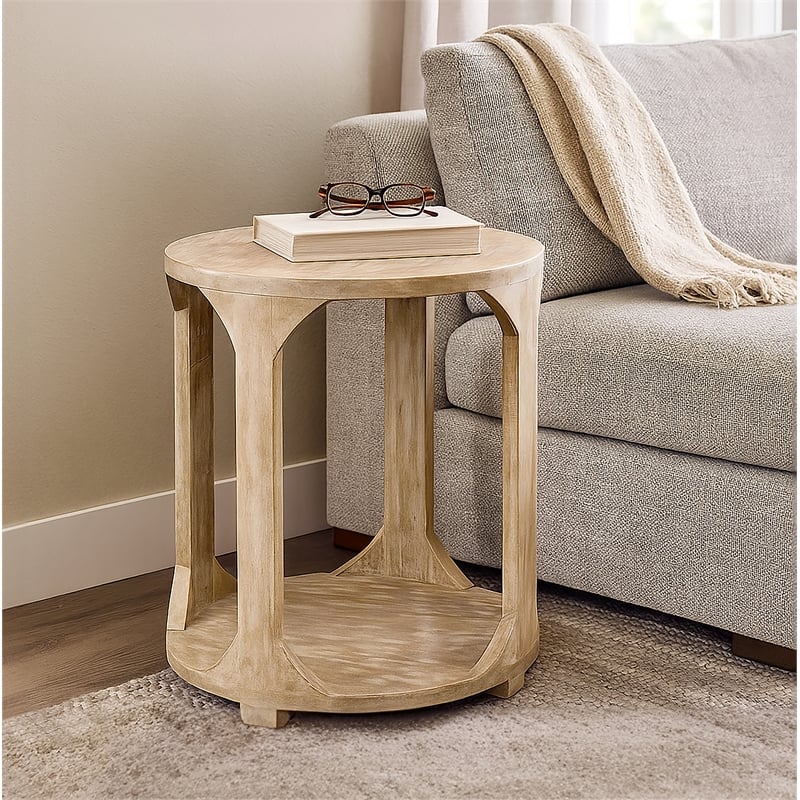 Pemberly Row Round Solid Mango Wood End Table with Shelf in Coastal Natural