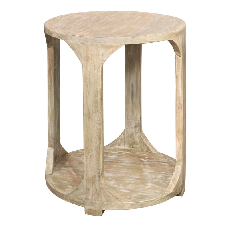 Pemberly Row Round Solid Mango Wood End Table with Shelf in Coastal Natural