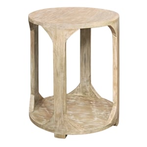 Pemberly Row Round Solid Mango Wood End Table with Shelf in Coastal Natural