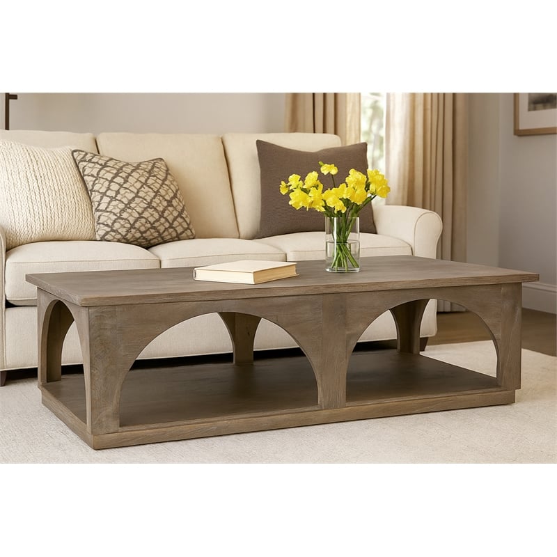 Pemberly Row Solid Mango Wood Coffee Table in North Creek Brown Finish