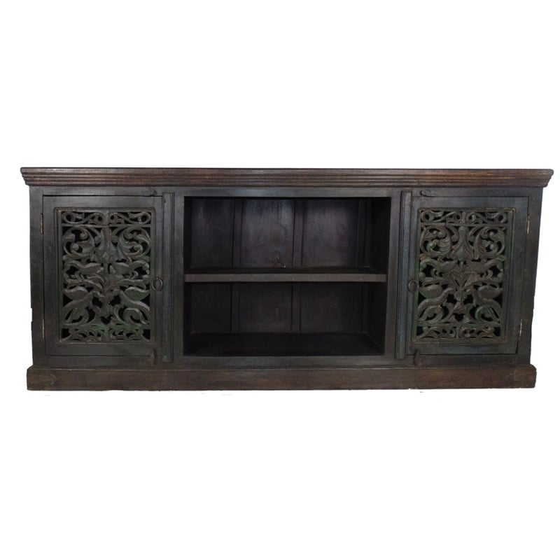 Pemberly Row 2-Door Hand-Carved Solid Wood Media Cabinet in Traditional Dark