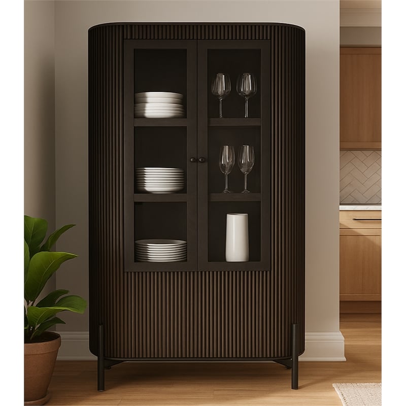 Pemberly Row 4-Door Solid Mango Wood Glass Cabinet in Espresso Finish