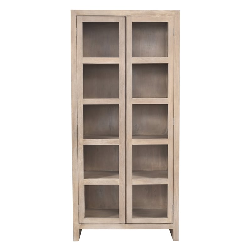 Pemberly Row Reclaimed Solid Wood Glass Cabinet in Light Ash Ivory Finish