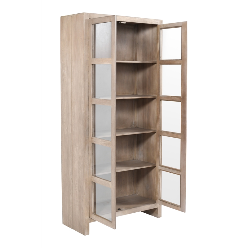 Pemberly Row Reclaimed Solid Wood Glass Cabinet in Light Ash Ivory Finish