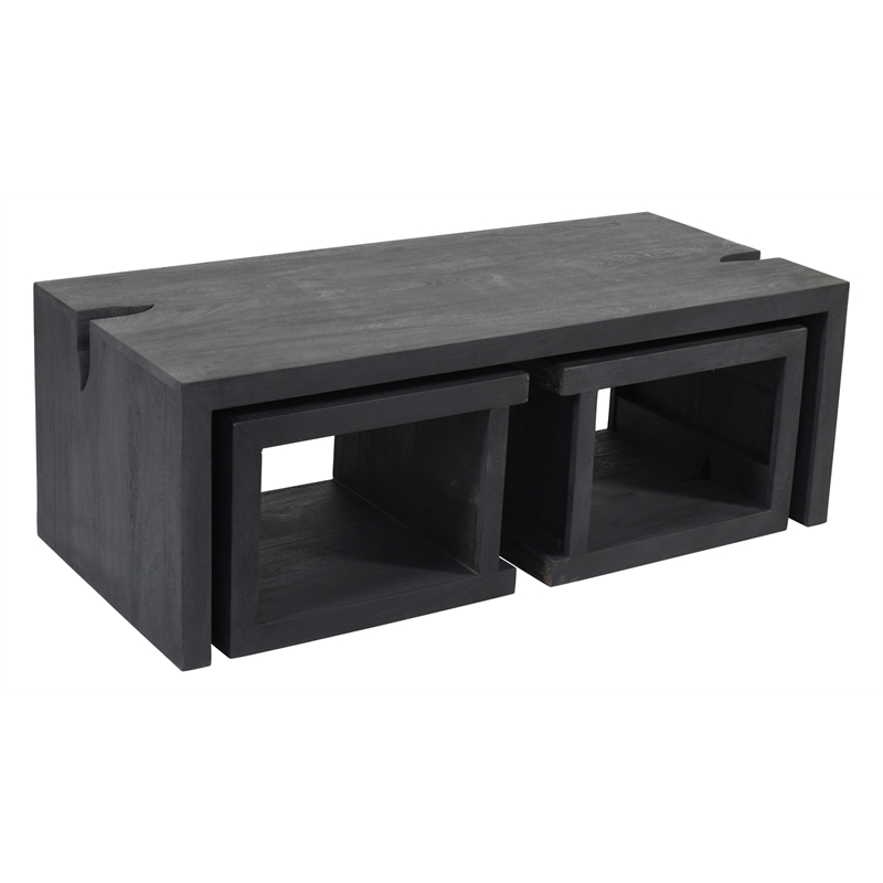 Pemberly Row 3-Piece Reclaimed Solid Wood Cocktail Table Set in Ebony Gray