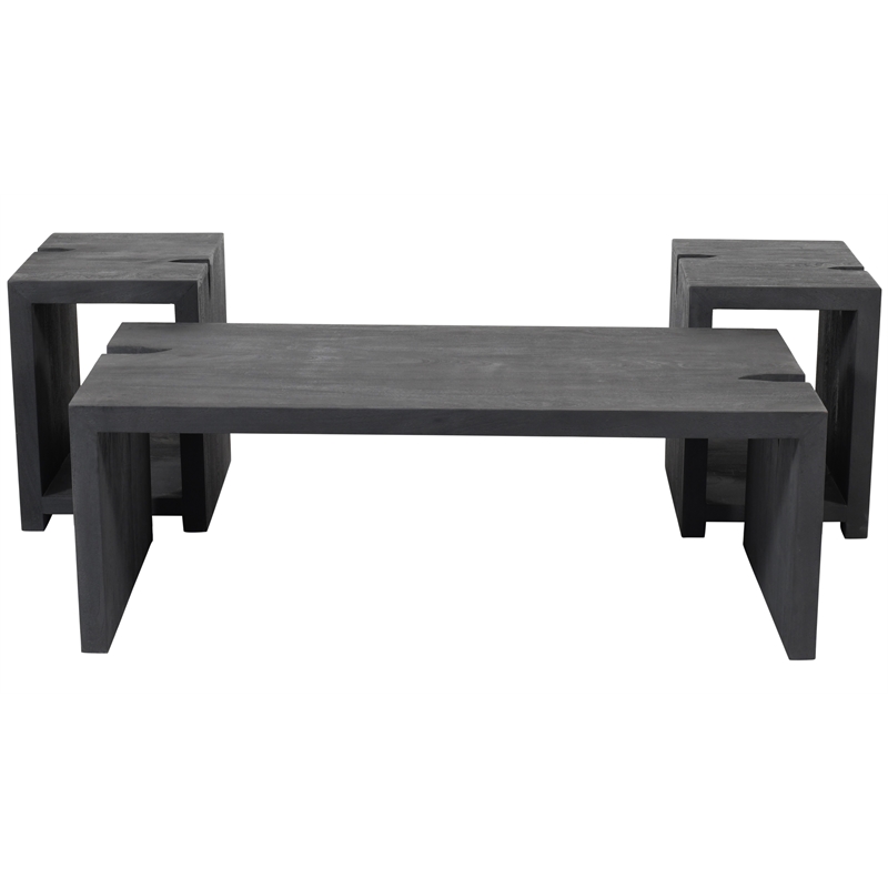 Pemberly Row 3-Piece Reclaimed Solid Wood Cocktail Table Set in Ebony Gray