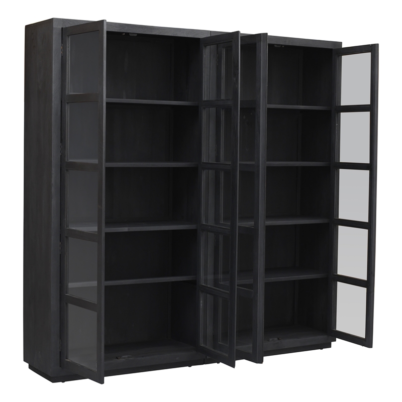 Pemberly Row Reclaimed Solid Wood Glass Bookcase in Graphite Black Finish