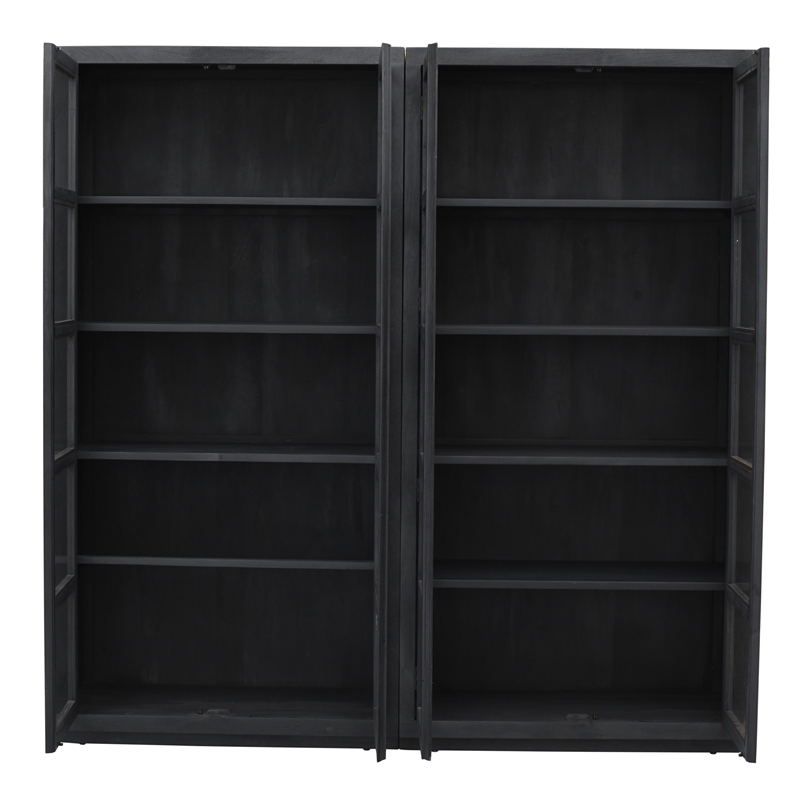 Pemberly Row Reclaimed Solid Wood Glass Bookcase in Graphite Black Finish