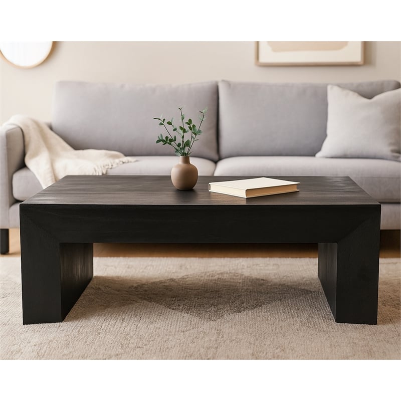 Pemberly Row Solid Mango Wood Cocktail Table in Charcoal Gray Finish