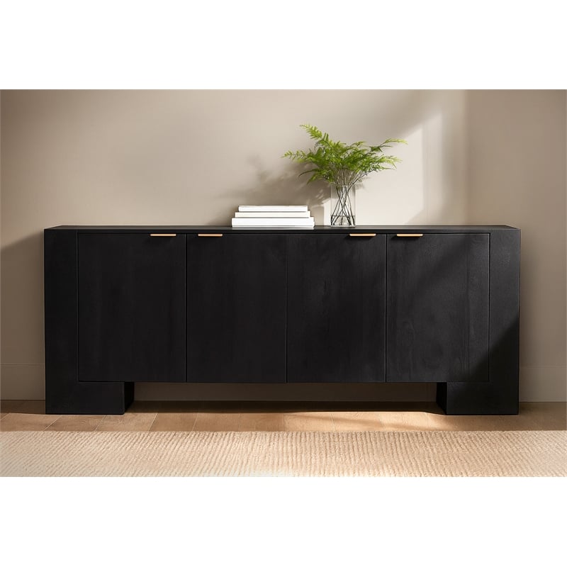 Pemberly Row 4-Door Solid Mango Wood Sideboard in Charcoal Gray Finish