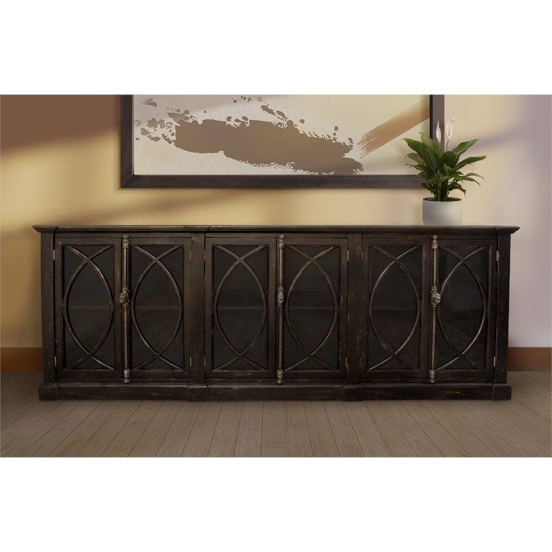 Pemberly Row 6-Door Solid Pine Wood Sideboard in Antique Black Finish