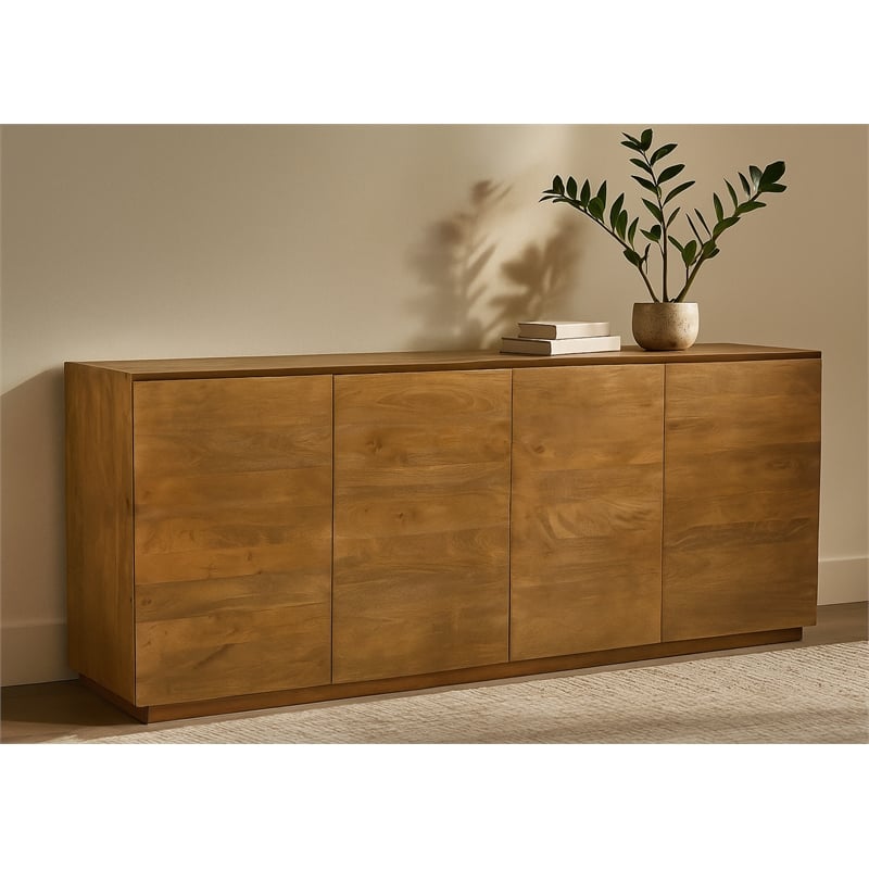 Pemberly Row 4-Door Solid Mango Wood Sideboard in Spice Tan Finish