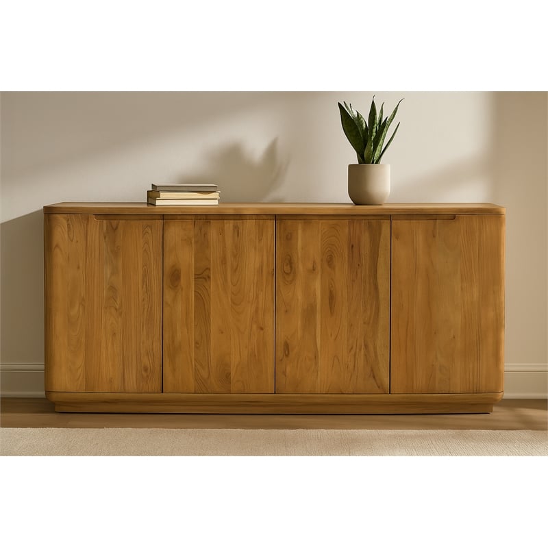Pemberly Row 4-Door Solid Acacia Wood Sideboard in Acacia Tan Finish