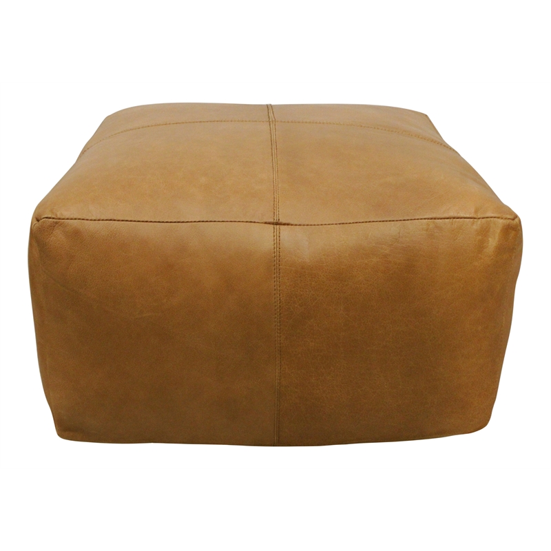 Pemberly Row Genuine Leather Pouf in Caramel Tan with Mid-Century Design