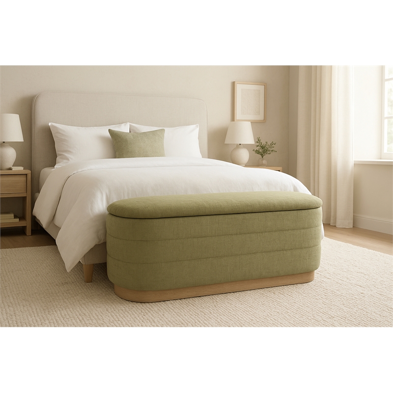 Pemberly Row Upholstered Storage Bench in Leaf Green Multi-Weave Solid Wood