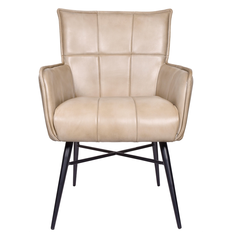 Pemberly Row Genuine Leather Arm Chair in Stone with Iron Base
