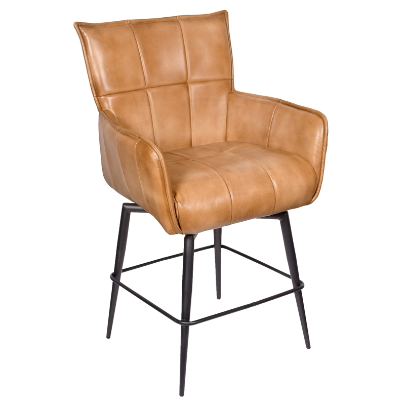 Pemberly Row Genuine Leather Swivel Counter Stool in Caramel Finish