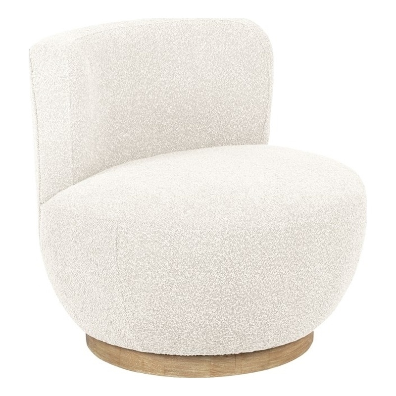 Pemberly Row Boucle Fabric Swivel Chair in Ivory on Solid Wood Base