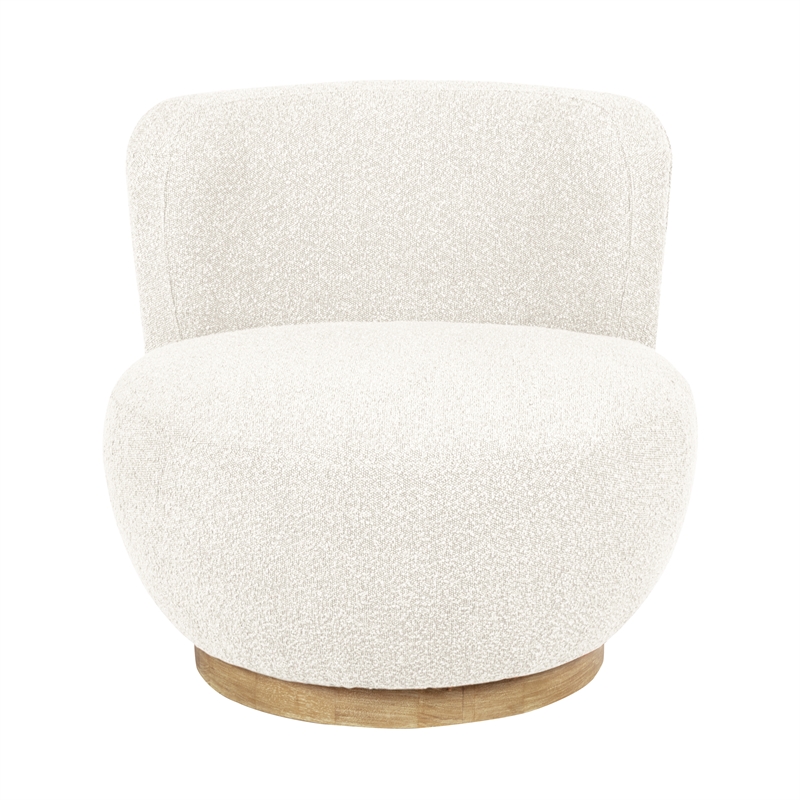 Pemberly Row Boucle Fabric Swivel Chair in Ivory on Solid Wood Base