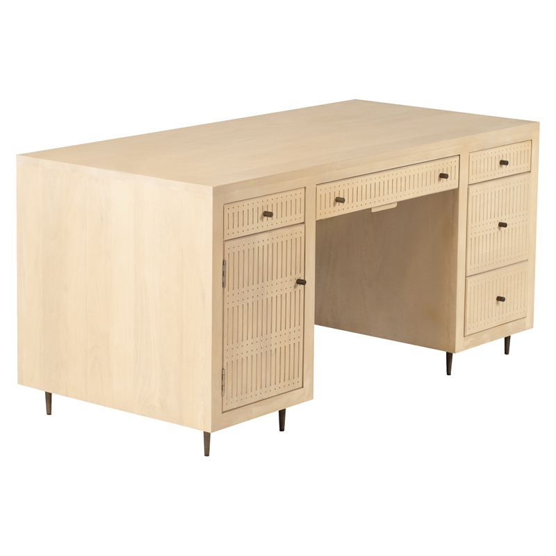 Pemberly Row Solid Wood Desk with 5 Drawers in Aged Natural Finish