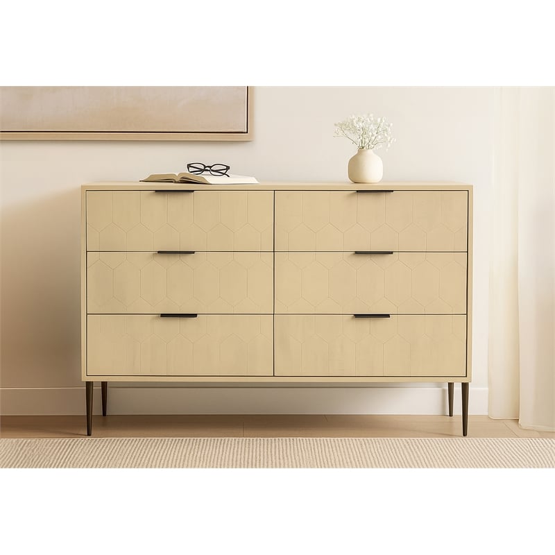Pemberly Row 6-Drawer Hand-Carved Solid Wood Dresser in Aged Natural