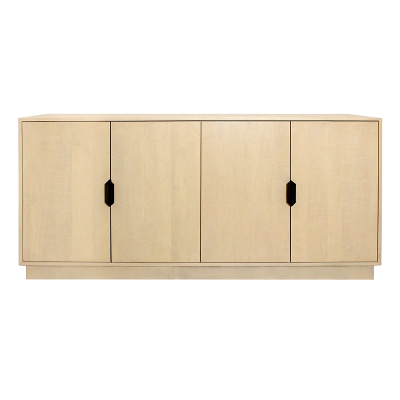 Pemberly Row 4-Door Hand-Carved Solid Wood Sideboard in Aged Natural