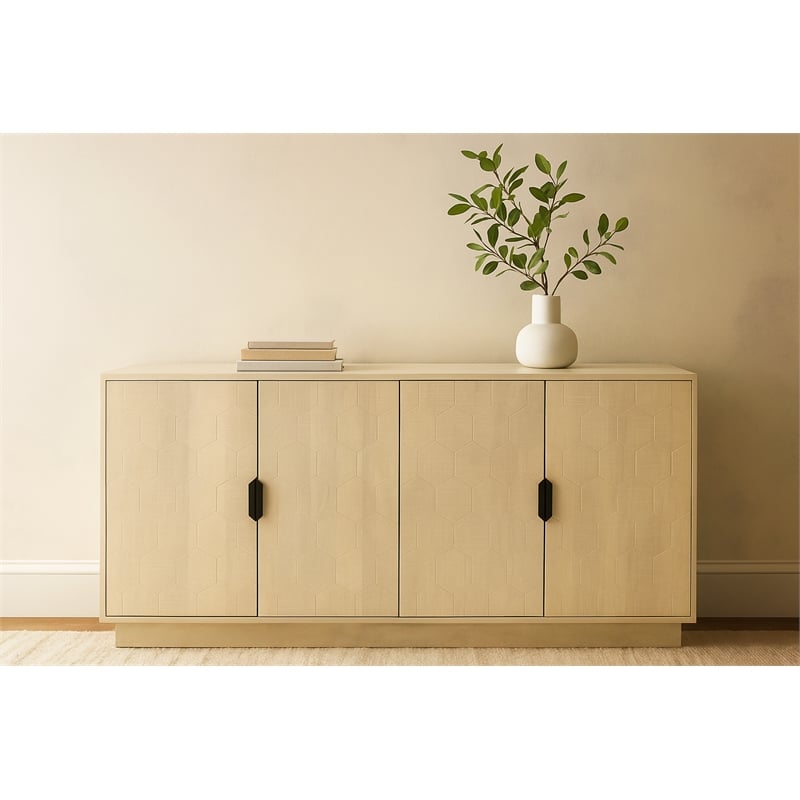 Pemberly Row 4-Door Hand-Carved Solid Wood Sideboard in Aged Natural