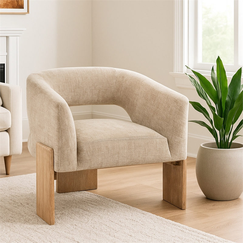 Pemberly Row Ribbed Linen Accent Chair in Manchester Beige on Solid Wood