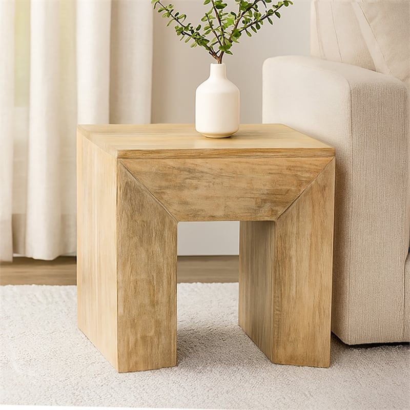 Pemberly Row Contemporary Solid Mango Wood Side Table in Natural Finish