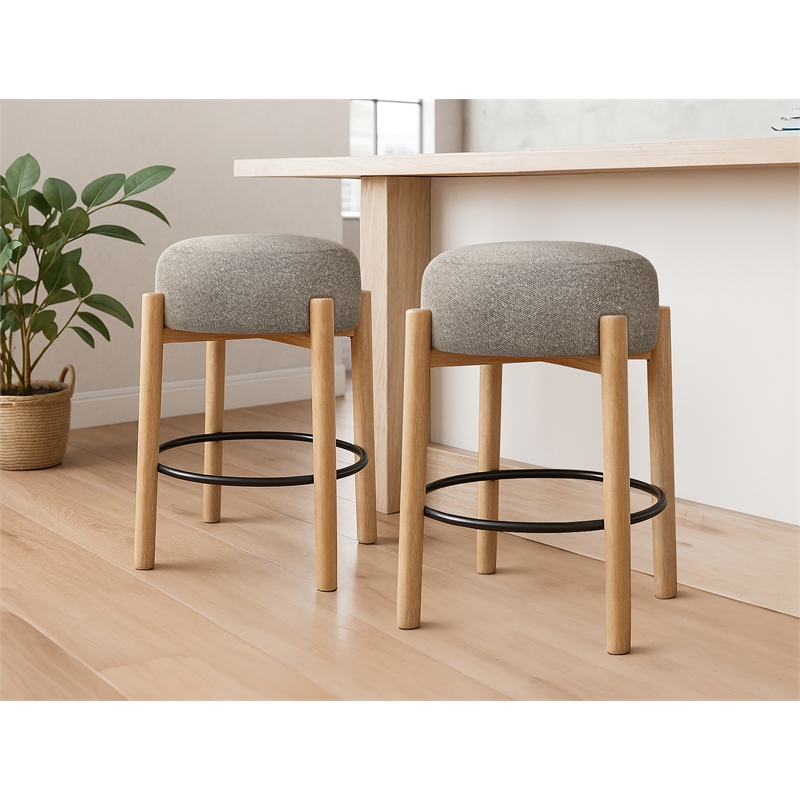 Pemberly Row 2-Piece Boucle Fabric Counter Stool Set in Silver on Wood