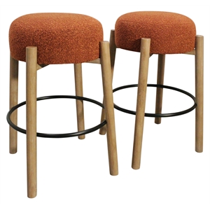 Pemberly Row 2-Piece Boucle Fabric Barstool Set in Rust on Solid Wood