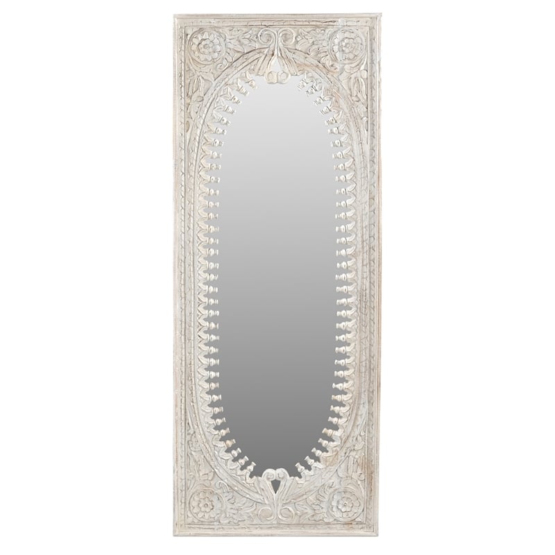 Pemberly Row Hand-Carved Solid Mango Wood Mirror in Distressed White