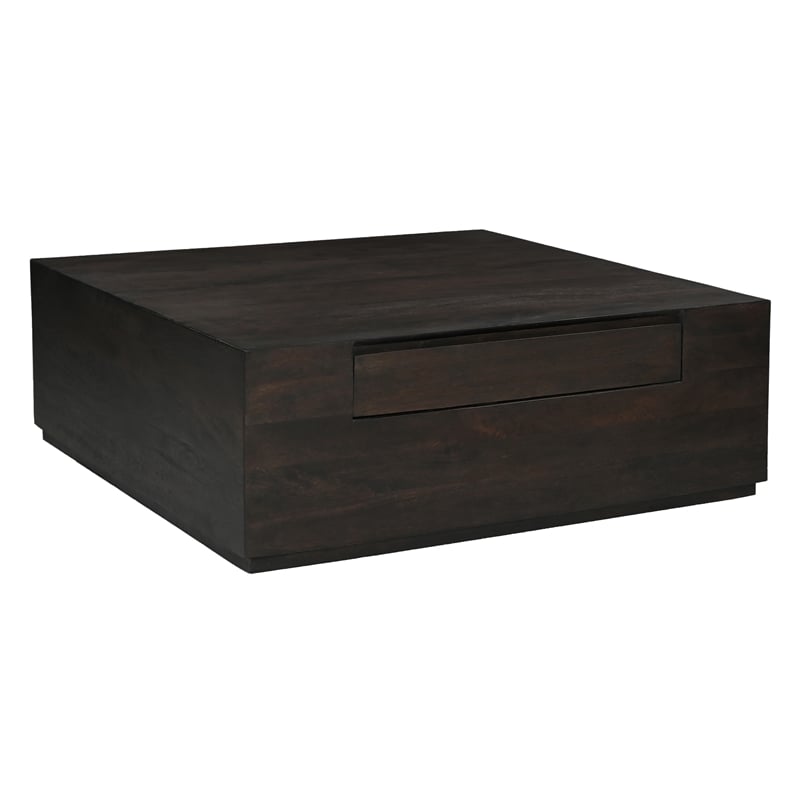 pemberly row 2-drawer solid mango wood square cocktail table in barista brown