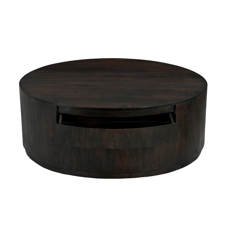 Pemberly Row 2-Drawer Solid Mango Wood Round Cocktail Table in Barista Brown