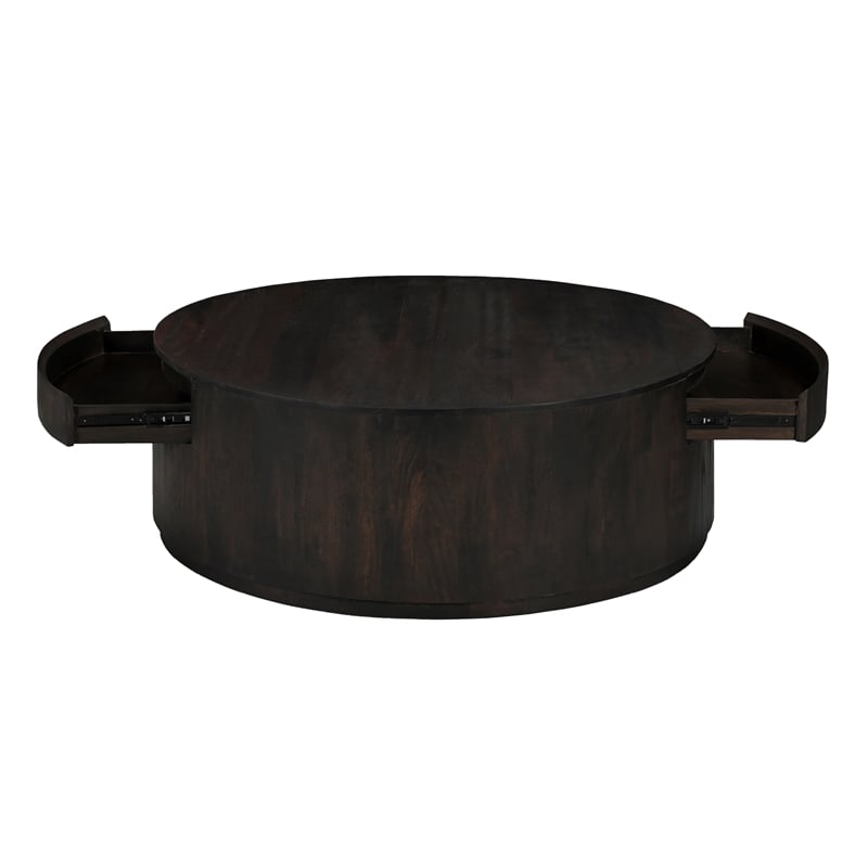 Pemberly Row 2-Drawer Solid Mango Wood Round Cocktail Table in Barista Brown