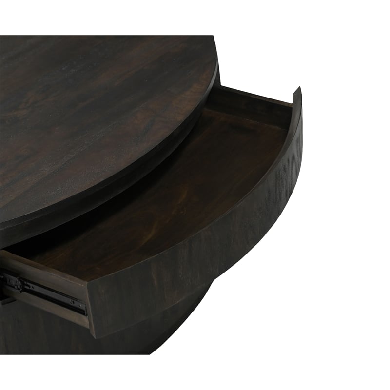 Pemberly Row 2-Drawer Solid Mango Wood Round Cocktail Table in Barista Brown